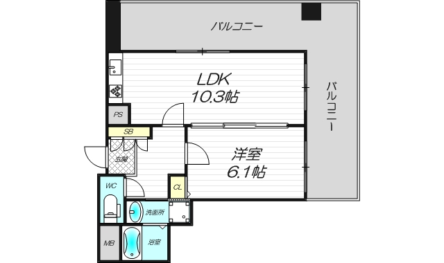 ミドエストツダ502号室1LDK南向き南東角の間取り図